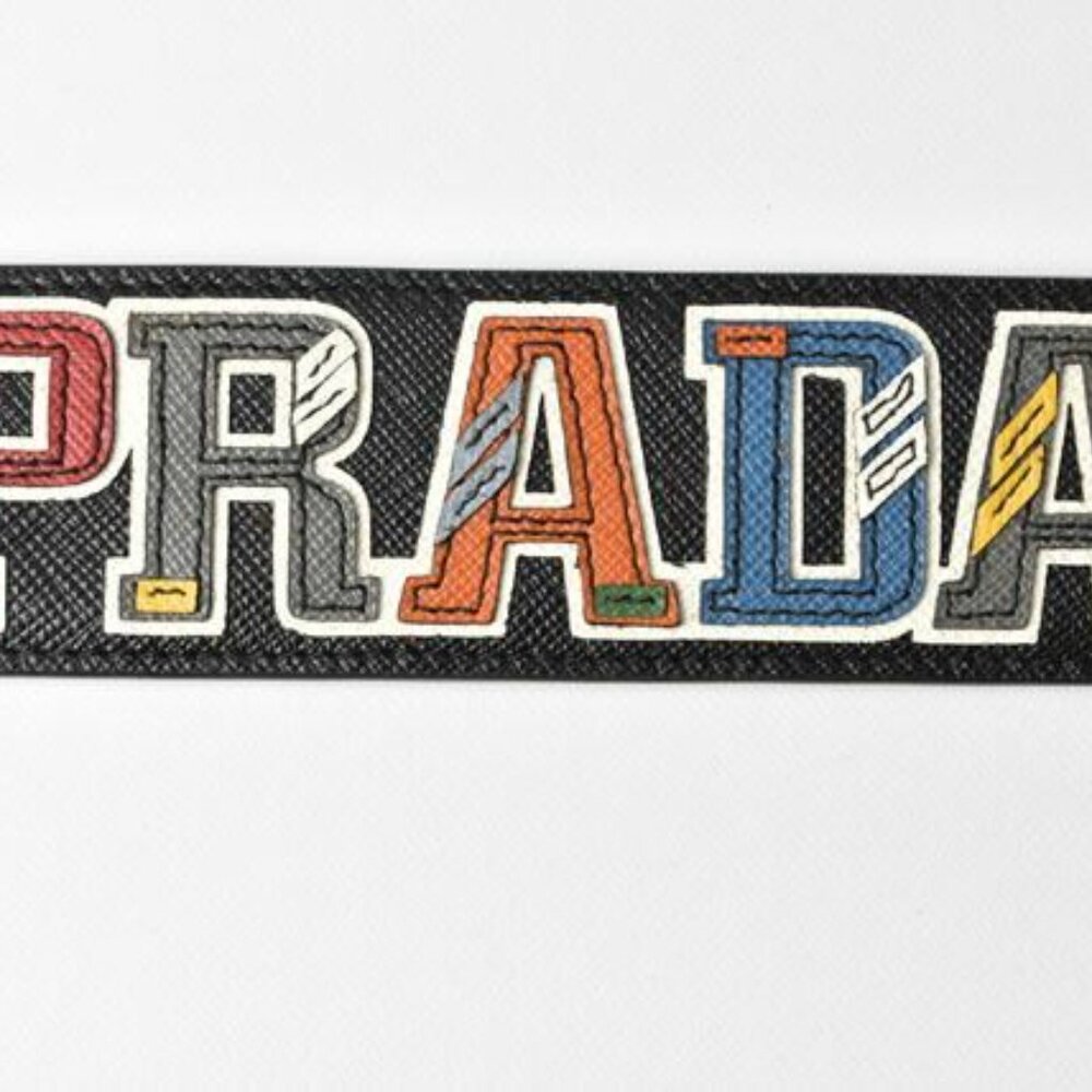 Prada Key Ring Key Holder Bag Charm Logo Patchwork Caracter Nero M Never - Picture 2 of 6